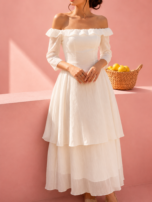 Off-Shoulder Layered Midi Dress