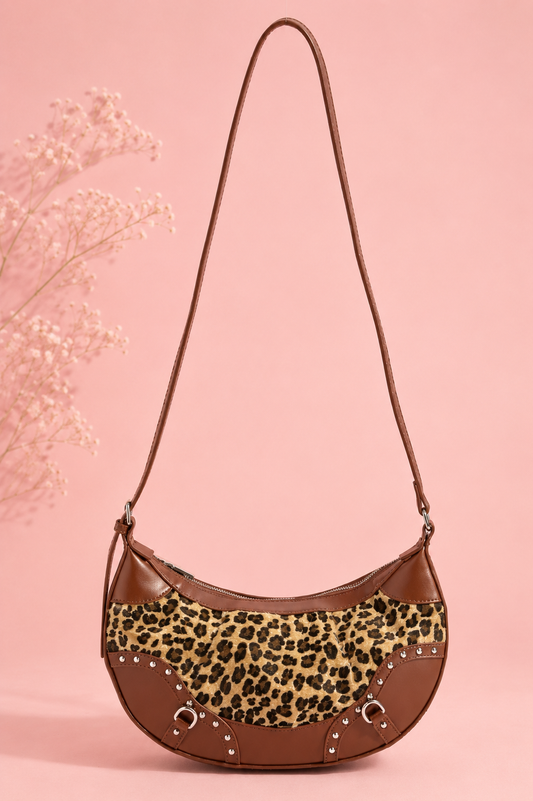 Fame Leopard Print Half Moon Shoulder Bag