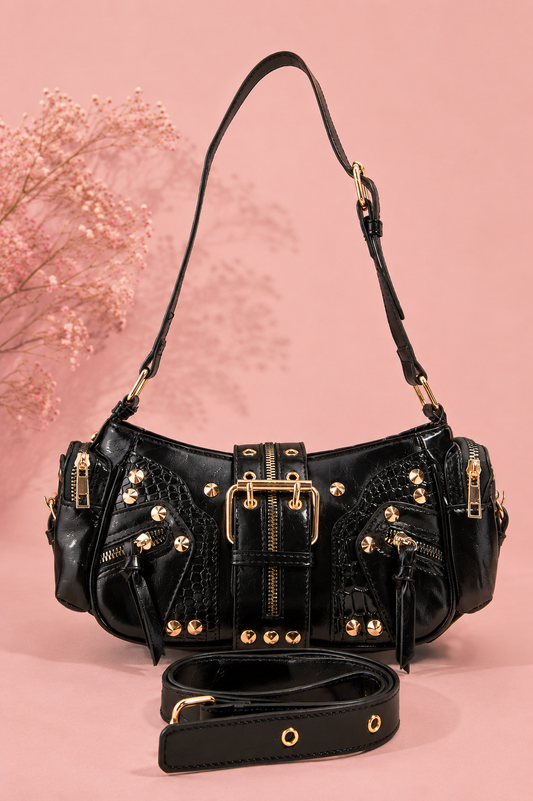 Fame Rivet Detail Leather Shoulder Bag