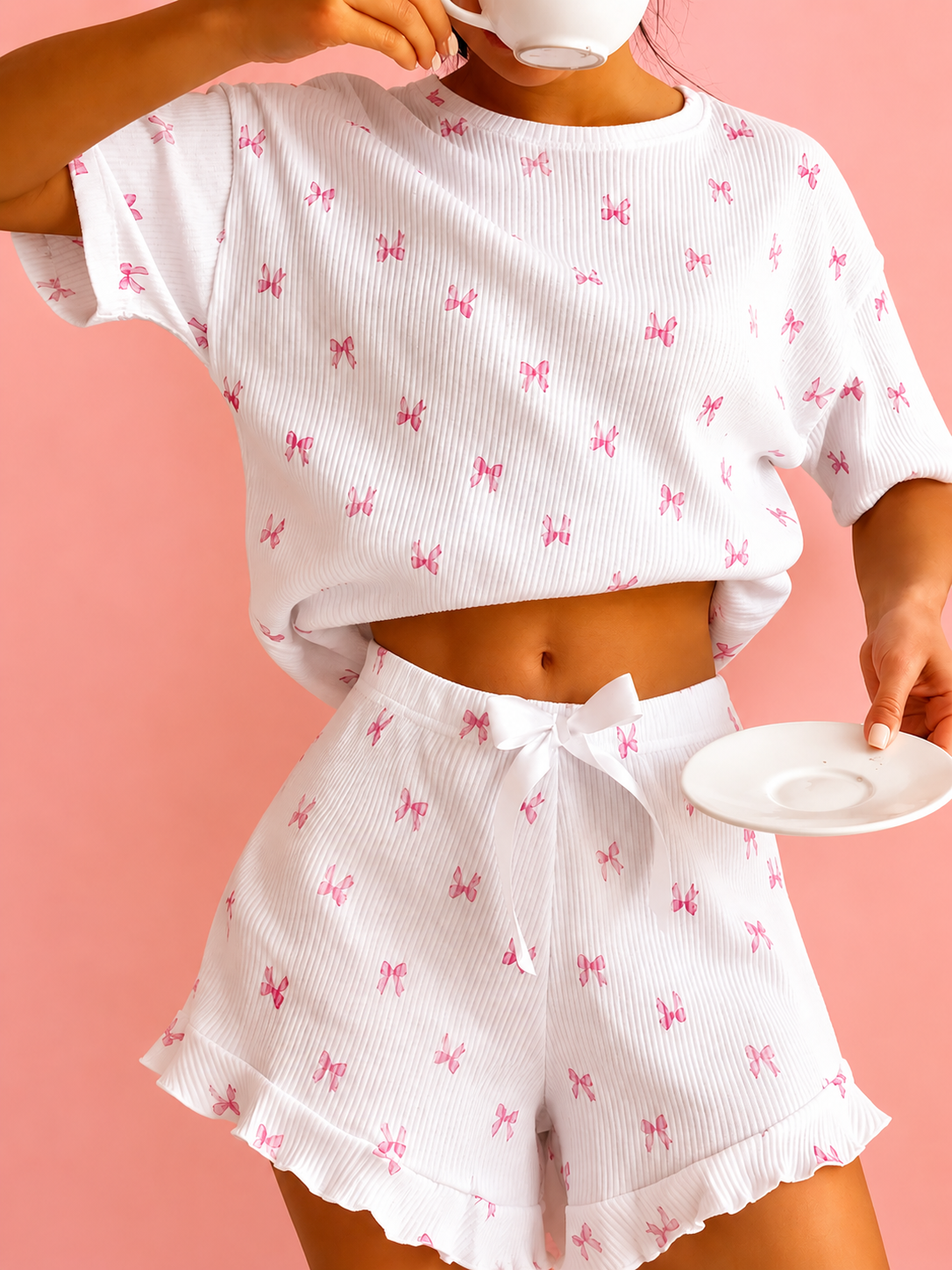 Ribbed Knit Bow Print Top and Shorts Lounge Set