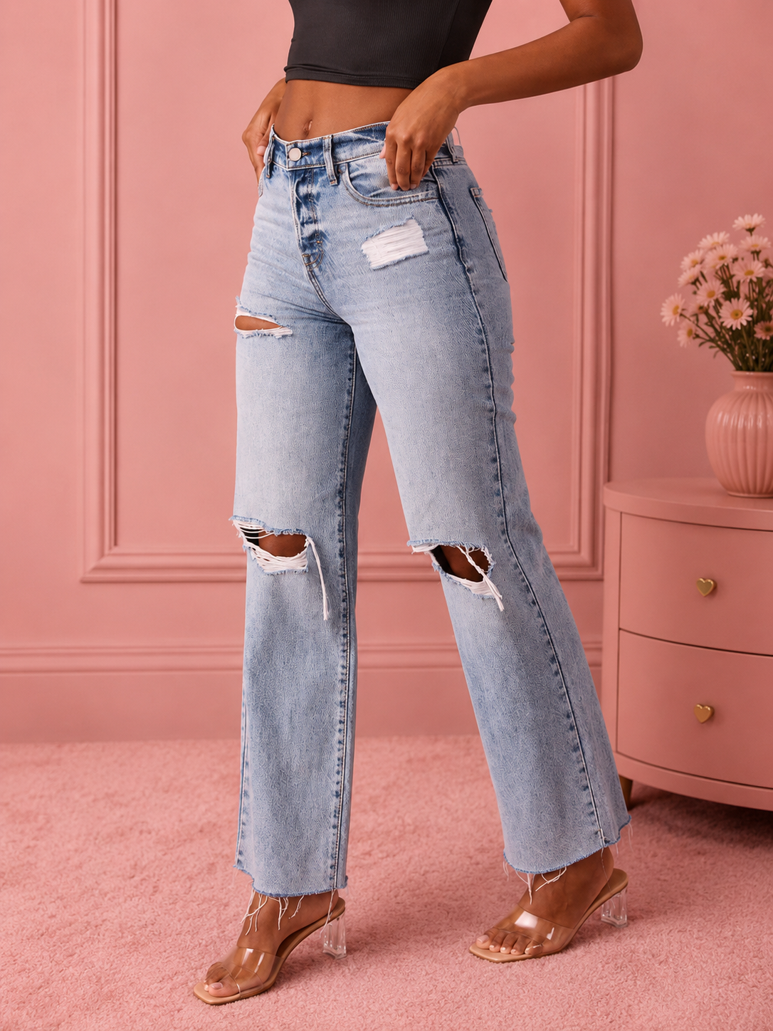 Distressed Straight Leg Jeans with Pockets