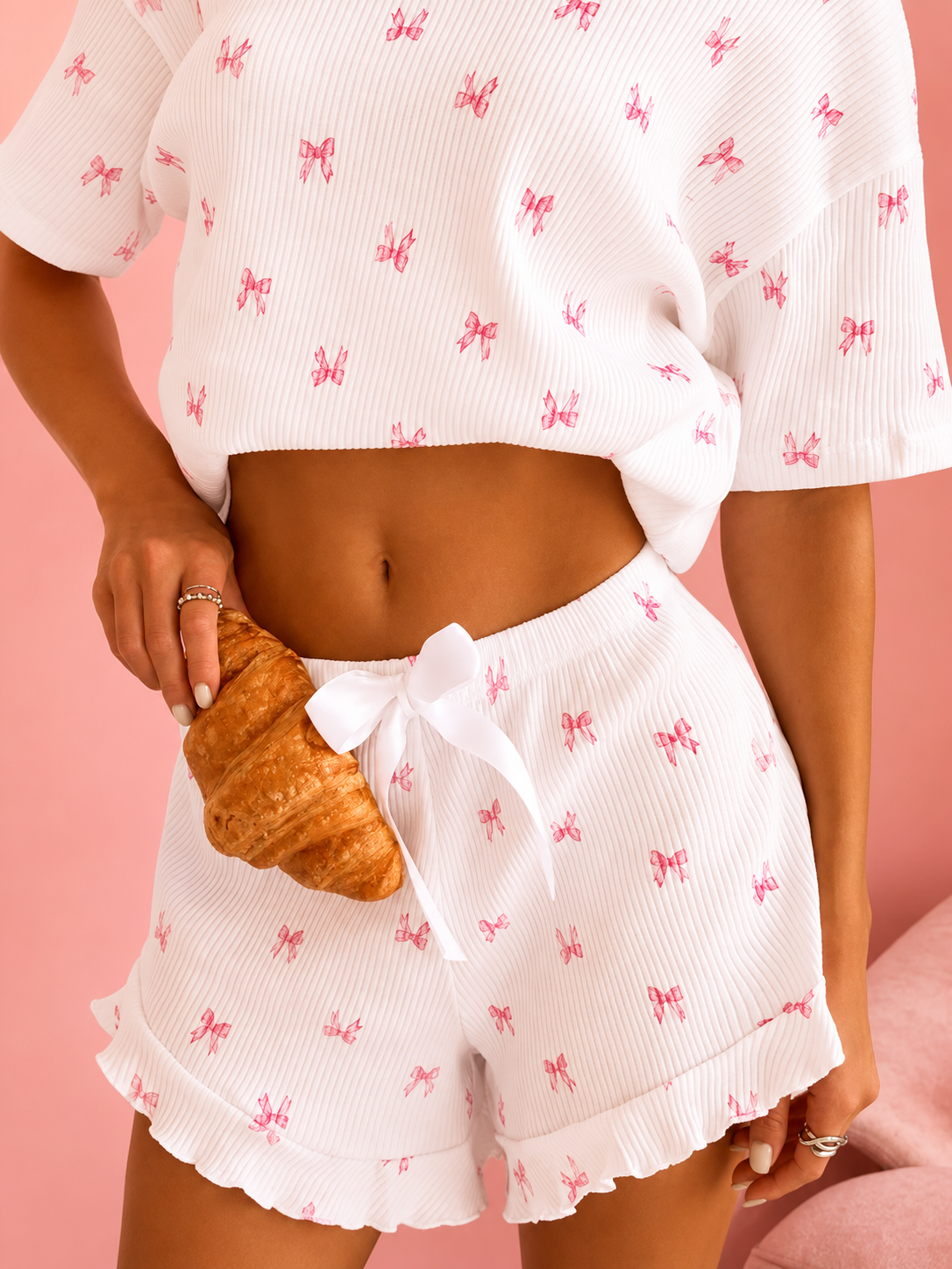 Ribbed Knit Bow Print Top and Shorts Lounge Set
