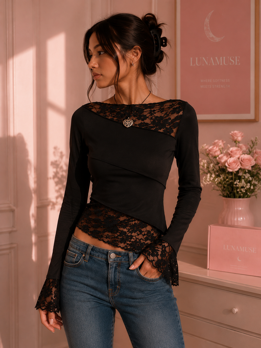 Asymmetrical Lace Trim Long Sleeve T-Shirt