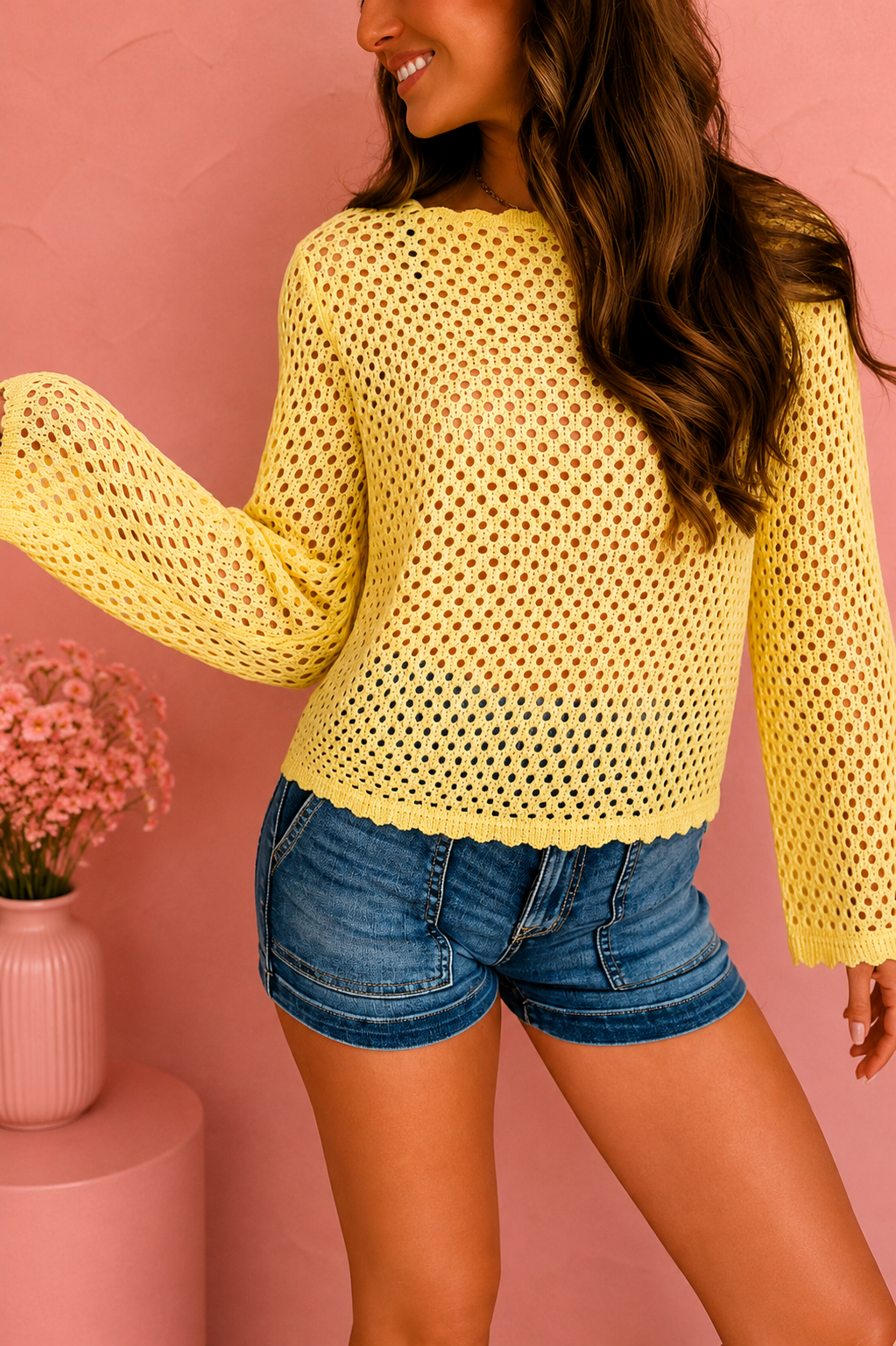 Scalloped Trim Hollow Out Knit Long Sleeve Top